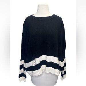 PLANET by LAUREN G Rugby Sweater Black Ivory Stripe Cotton OS Distress Lagenlook